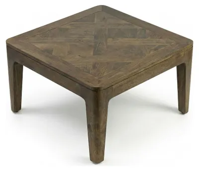 Couchtisch Mango Massivholz 60x60 cm Walnuss-Finish mit quadratischer Tischplatte und geometrischem Holzmuster.