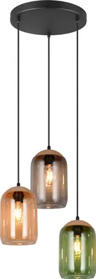 A multi-colored pendant light fixture with three glass shades hanging from a black circular base.