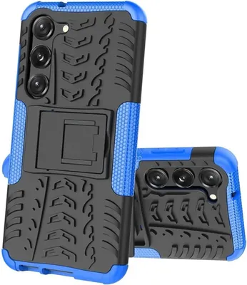 Two blue and black phone cases with a tire tread pattern and a kickstand.