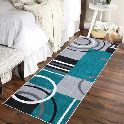 Obrázek produktu pro Koberec - Podlahová krytina - Lze prát v pračce - Protiskluzová gumová spodní strana - Geometrický vzor - 100 % polyester - 60 × 230 cm - Tyrkysová barva