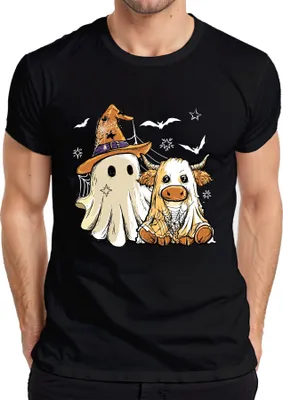 Produktbild von Halloween Kuh Geist süßes Kostüm Spinnennetz Hexenhut Cartoon Herren T-Shirt, Schwarz, 3XL