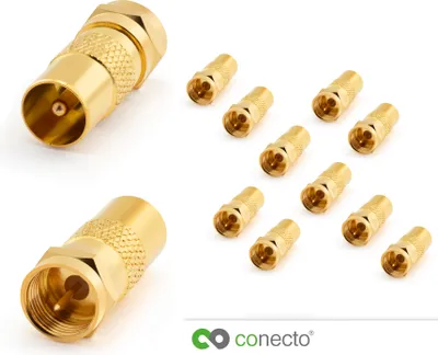 Produktbild von conecto Antennen-Adapter, F-Stecker auf IEC-Stecker, Adapter zum Verbinden von IEC-Anschlüssen mit Sat-Anschlüssen, vergoldet, 10er Set