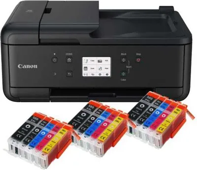 A black Canon Pixma TR7650 printer with a stack of ink cartridges in front of it.