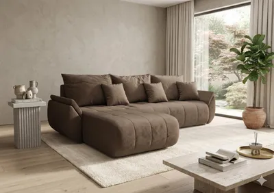 Image de Canapé d’angle SYDNEY gauche marron velours Monolith 9 - fonction couchage, coffre de rangement pour la literie