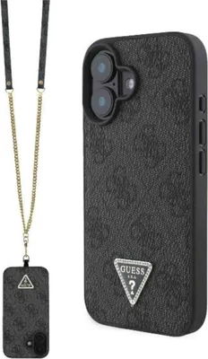 Produktbild von Guess, Hülle für iPhone 16 Edition 4G Strass Dreieck mit Umhängegurt, Schwarz