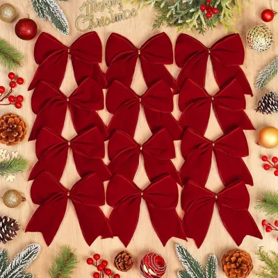 Image de Rubans de Noël en velours, rouge, 12 pièces, 12x12 cm