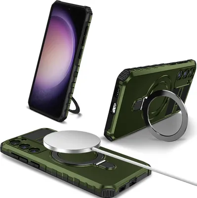 Obrázek produktu pro Pouzdro pro Samsung Galaxy S23+ magnetické s MagSafe, držák prstenu, stojánek, dvouvrstvé ochranné pouzdro zelené