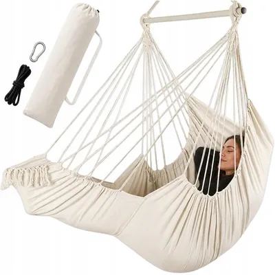 Obrázok produktu pre Boho závesné kreslo s vankúšom a taškou, 130 × 100 cm, krémovo-biele