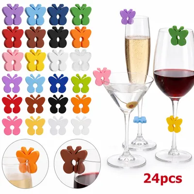 Produktbild von 24er Set Weinglas Markierer aus Silikon, Schmetterling Glas Anhänger, farbige Glasmarker, lebensmittelecht, für Party, Hochzeit & Weinabend