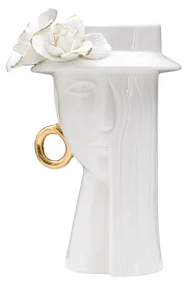 Obrázek produktu pro Elegantní bílá porcelánová váza s květinou a zlatým prstýnkem