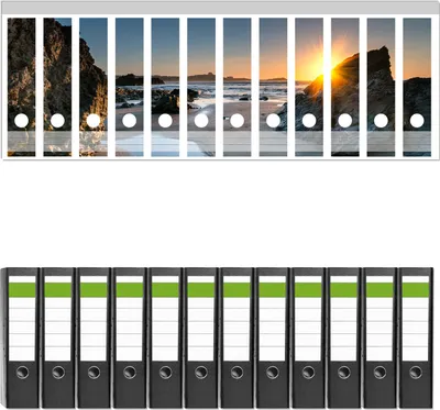 Produktbild von Wallario 12 Stück breite Ordner inkl. Klebeetiketten mit Motive Sonnenuntergang hinter einem Felsen am Strand -  Set mit Rückenschildern / Ordnerrücken Stickern