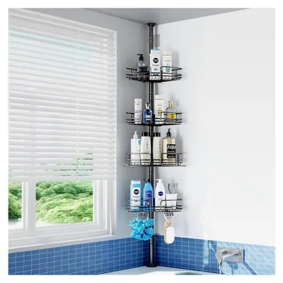 Produktbild von Höhenverstellbares Teleskop-Duschregal von 58,5 bis 317,5 cm, 4 Stück Duschablage ohne Bohren, Badezimmerregal Zubehör, Badezimmer Organizer, Teleskopregal Bad Regal, Schwarz