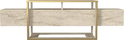 Produktbild von Tv Lowboard Bianco mit 2 seitlichen Ablagefächern und goldenem Gestell in beiger Granit Optik, 2499