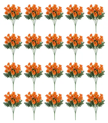 Produktbild von 20 künstliche Chrysanthemen, 20 Köpfe, UV-beständige Kunstseidenblumen mit grünen Blättern, Herbstdekoration für drinnen und draußen, Tischdekoration, künstliche Blüten