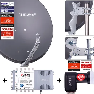 A collage of images showing a satellite dish, a satellite receiver, and an LNB.