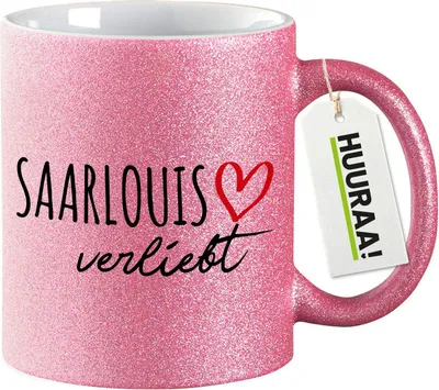 Produktbild von Huuraa Glitzertasse Saarlouis verliebt 330ml Pink Keramik Kaffeebecher Geschenkidee