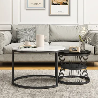Image de Set de 2 tables de salon Table d'appoint Table ronde Nesting Set de 2 empilements Côté tables rondes Noir Couleur Table d'extrémité Nesting avec motif de marbre pour salon Balcon Bureau