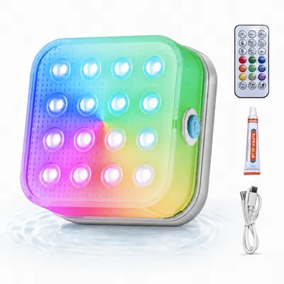 Produktbild von RGB Poolleuchte mit 16 Farben, 3600mAh Akku, 5 Helligkeitsstufen, wiederaufladbare Unterwasserleuchte mit Fernbedienung und Timer, Teichbeleuchtung