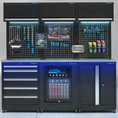 Produktbild von Werkstatteinrichtung PREMIUM mit Edelstahlplatte und Kühlschrank  – 204 cm breit
