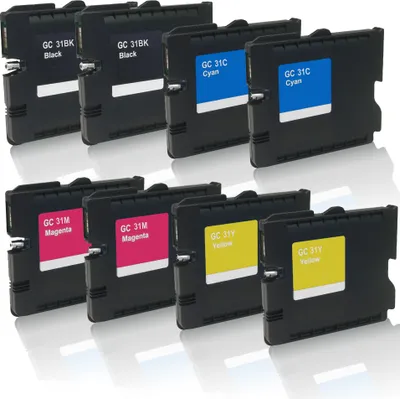 Produktbild von 8x kompatible Tintenpatronen für AficioGXe2600 AficioGXe3300 AficioGXe3300n AficioGXe3350n GC31 Black Cyan Magenta Yellow Sparset