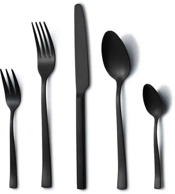 Productafbeelding van Ibenzoa® 30-delige zwarte bestekset van roestvrij staal voor 6 personen – vaatwasmachinebestendig, bestaande uit: 6 messen, 6 vorken, 6 soeplepels, 6 dessertlepels en 6 theelepels