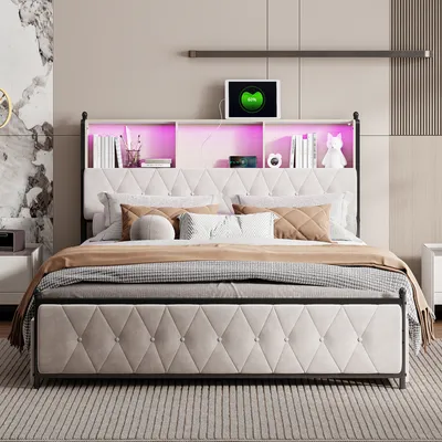 Produktbild von Fortuna Lai Polsterbett mit USB-Typ-C und Lattenrost, Doppelbett 180x200cm Stauraumbett mit 4 Schubladen, Massivholzbett Funktionsbett mit Led, Jugendbett Ehebett Samt, Beige