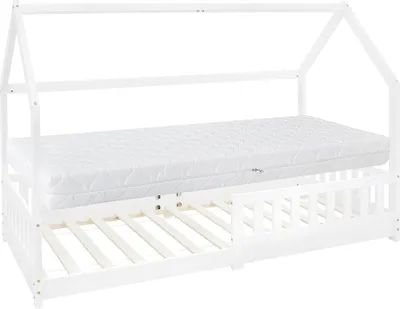 Produktbild von ML-Design detská posteľ 90x200 cm s matracom, ochranou proti vypadnutiu, strechou a lamelovým roštom, biela, posteľ z borovicového dreva