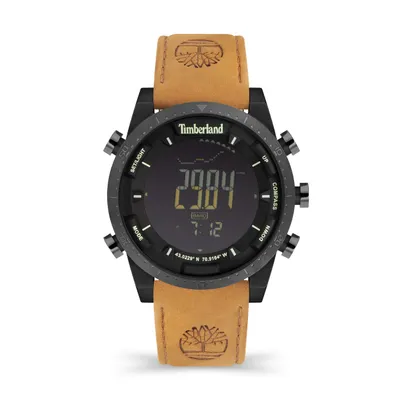 A digital watch with a leather strap, shown from a front-facing diagonal angle against a white background.