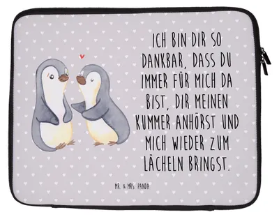 Produktbild von Mr. & Mrs. Panda Laptop Tasche Pinguine trösten 27 x 36 cm - Grau Pastell - Geschenk, Freund, für Freundin, Laptoptasche, Frauen, Hochzeitstag, Hülle, Partner, Sleeve