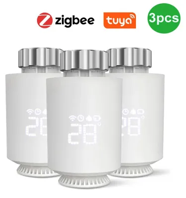 Obrázok produktu pre Tuya ZigBee termostatický ventil pre radiátory – inteligentný termostatický ventil – ovládanie cez aplikáciu – hlasové ovládanie s Alexa a Google Home – 3,7 V – balenie obsahuje 3 kusy