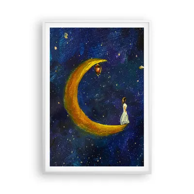 Produktbild von Gerahmtes Poster - Weißer Rahmen - Mädchen auf der Mond - 70x100 cm - Wand Bild - Wanddeko - Wandbilder - Kunstposter - Wandposter - Bilderrahmen - Bilder - Kunstdruck - P2WPA70x100-4575
