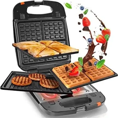 Obrázok produktu pre Gril s odnímateľnými platňami - Kontaktný gril s odnímateľnými platňami - Grilovacia platňa - Sendvičovač s odnímateľnými platňami - 1200 W | 3 v 1 - zariadenie na prípravu občerstvenia, vaflí a sendvičov