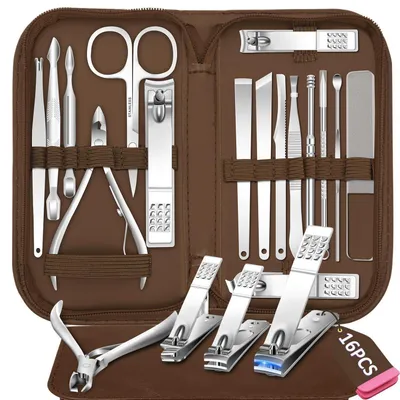 Immagine prodotto di Kit per manicure e pedicure, 16 pezzi, acciaio inossidabile, con custodia da viaggio nera