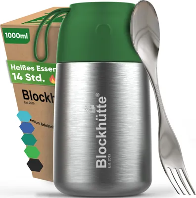Produktbild von Blockhütte Thermobehälter für Essen 1000 ml Dunkelgrün | Warmhaltebehälter Edelstahl Auslaufsicher, Thermo Essensbehälter mit Göffel, 14h Heiß,