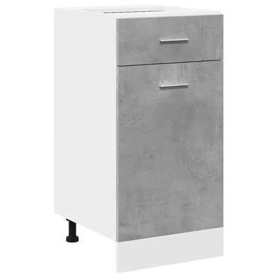 A white and gray kitchen cabinet with two drawers.
