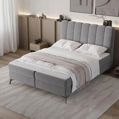Zdjęcie produktu dla Łóżko platformowe Dekori VELUTTO, 180x200 cm, z pojemnikami na pościel, z materacem i dodatkową nakładką (topper), kompletny zestaw. Łóżko tapicerowane, sprężyny Bonell H3 - ciemnoszary (Vibe 95)