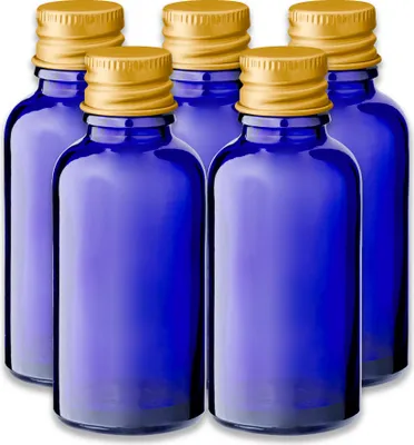 Produktbild von 5x Blaue Glasflasche 30 ml mit goldenem Aluminium Schraubverschluss