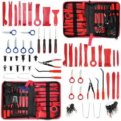 Immagine prodotto di Set di 48 pezzi di utensili per auto, inclusi strumenti per la rimozione di pannelli, leve, estrattori per clip, e una custodia con cerniera per gli interni