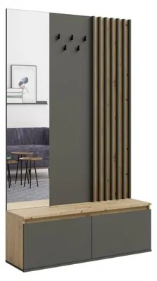 Image de Meuble d'entrée avec porte-manteau et miroir 120 cm - chêne clair et gris anthracite - Collection NEMO