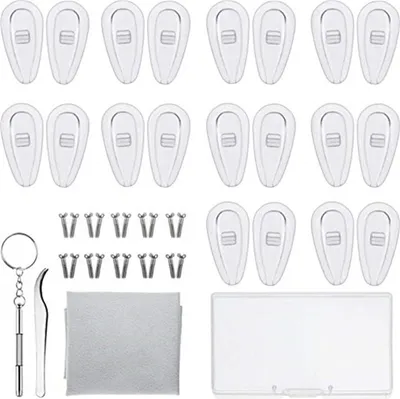 Produktbild von Brillen Reparatur Set, 10 Paar Luftkammer Nasenpads Silikon, rutschfeste Brille Nasenpads Weiche Silikon, Schraubbrillen Nasenpads mit Schrauben Pinzette und Reinigungstuch
