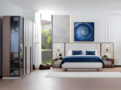 Obrázek produktu pro Luxus Komplette Schlafzimmer Bett Nachttische Schrank Weiß Stoff 4tlg