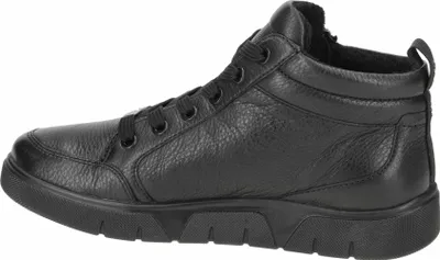 A side view of a black leather high-top sneaker.