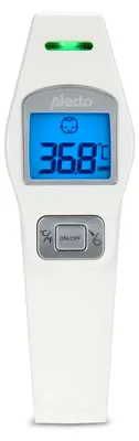 A white digital thermometer is shown against a white background.