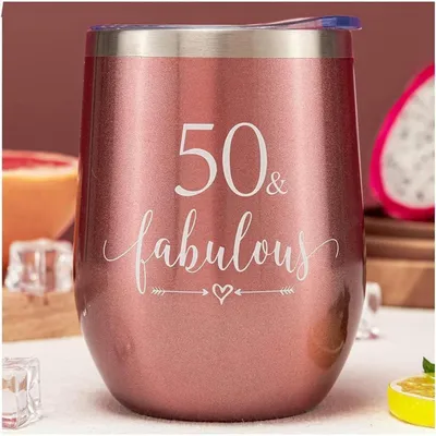Productafbeelding van RVS-wijnglas, 12 oz, roze, voor dames, 50e verjaardag