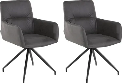 Two gray upholstered chairs with black metal bases are shown against a white background.