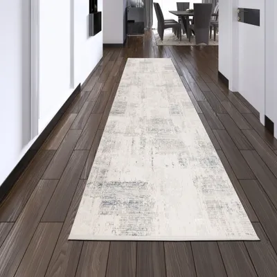 Produktbild von Moderner feiner Wohnzimmer-Teppich | glänzend | blau-weiß Größe - 80 x 300 cm