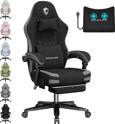Produktbild von Douxlife GC-RC05 Gaming Stuhl Stoff Büro Computerstuhl mit Massage, Fußstütze & Lendenstütze, Ergonomisch, Metallbeine, 158kg Belastbar - Schwarz