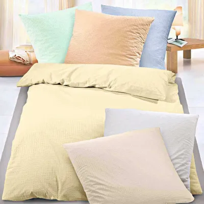 Zdjęcie produktu dla Biberna Seersucker – pościel Sleep and Protect, jednolita, odporna na pranie w wysokiej temperaturze, 100% bawełna, z zapięciem hotelowym, poszewka na kołdrę, poszewka na poduszkę, komplet pościeli 135x200 cm, kolor brzoskwiniowy