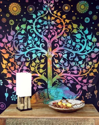 Productafbeelding van Batik Bedsprei met Levensboom en Regenboog Motief - Veelzijdige Mandala Dekens in Katoen
