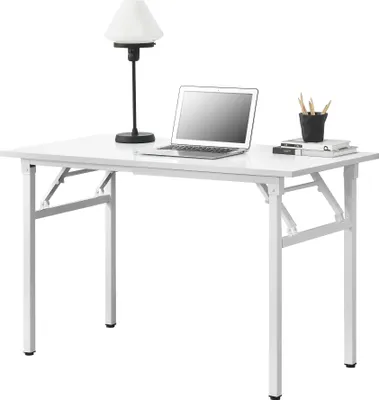A white folding desk with a laptop, lamp, and books on it, set against a white background.